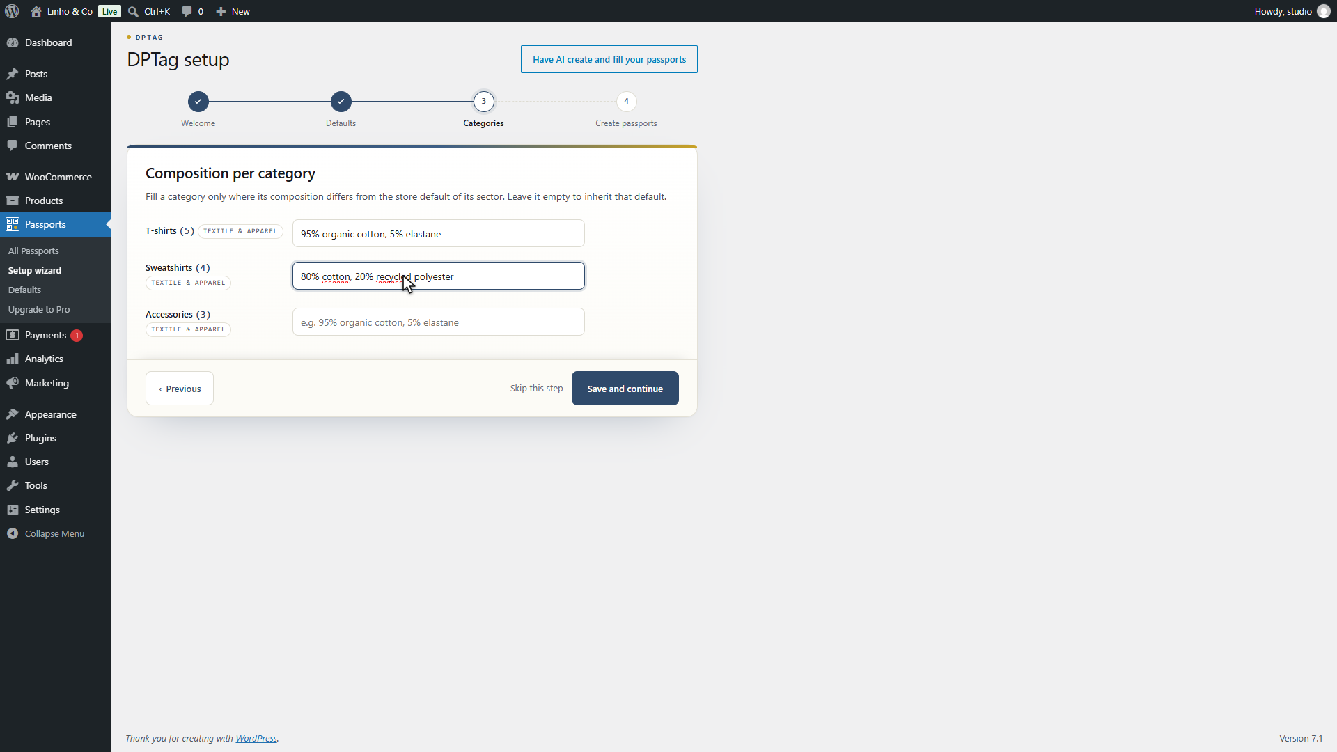 Step 3, one composition field per product category, with the store default shown as a placeholder.