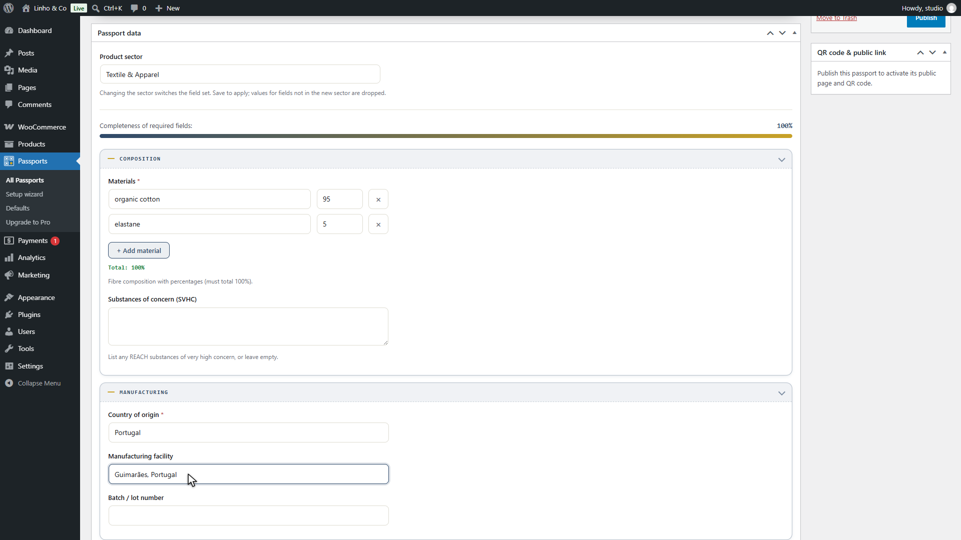 The passport editor for a T-shirt, with the composition bar, the Environment and certifications group open and GOTS typed in the Certifications field.