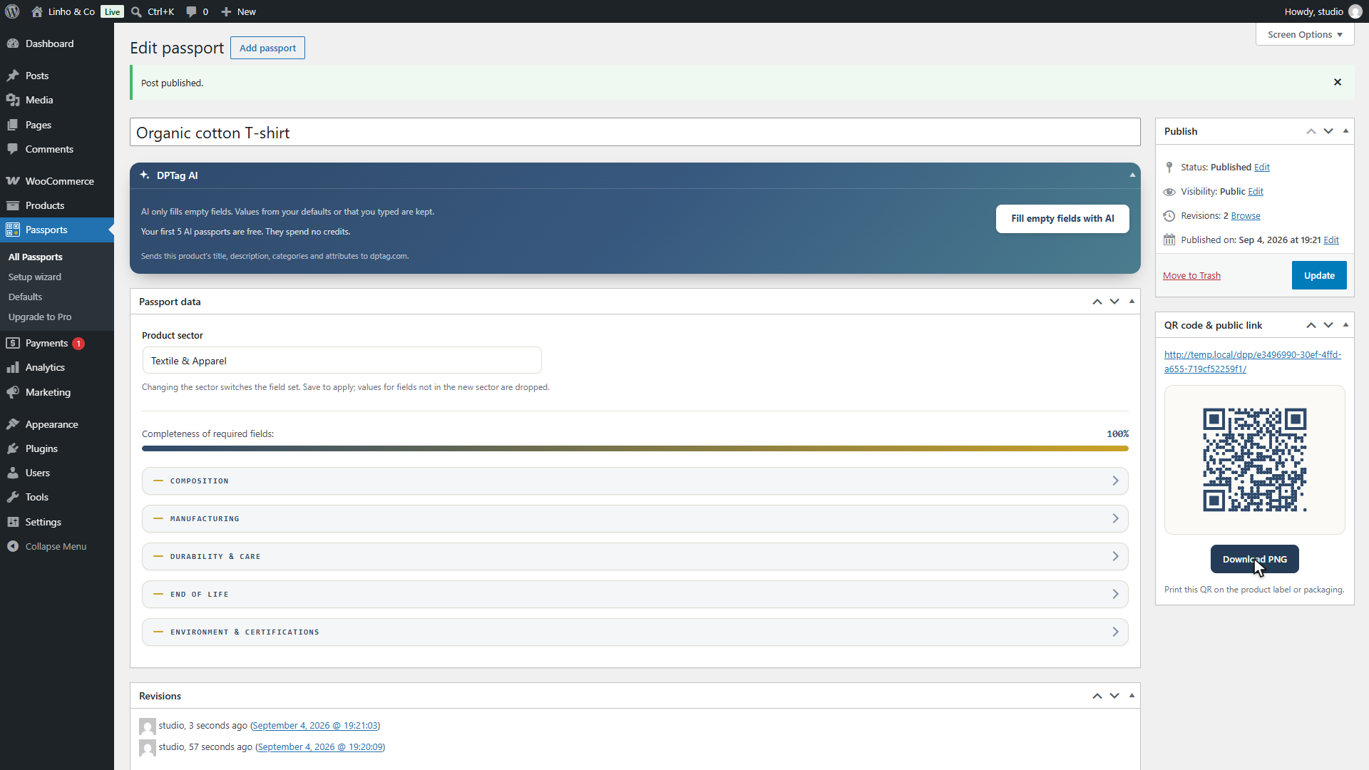 The QR code and public link box in the passport editor: the public address, the code, and a Download PNG button.