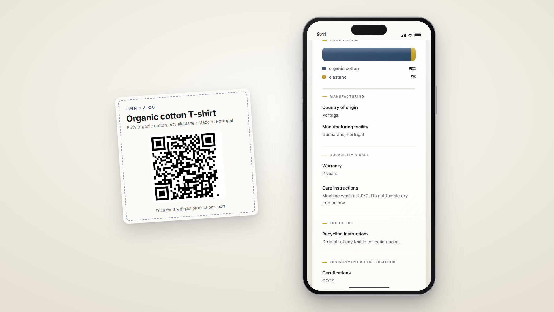The public passport page on a phone: the product photo and name, the brand, the fibre composition bar with its legend, then origin, care and recycling.