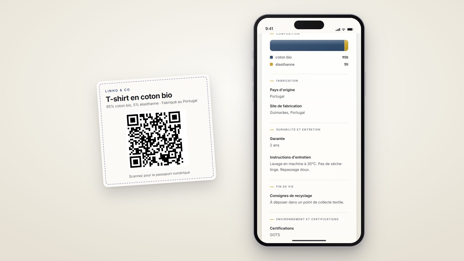 La page publique du passeport sur un téléphone : la photo et le nom du produit, la marque, la barre de composition des fibres avec sa légende, puis origine, entretien et recyclage.